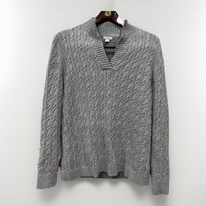 LL Bean Women’s L Cable Knit Fisherman Sweater Gray Slit Neck Cotton Chunky Knit